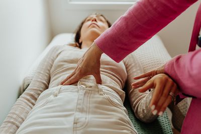 Points around the body test the 'chi' or energy flowing around the body, this is large intestine